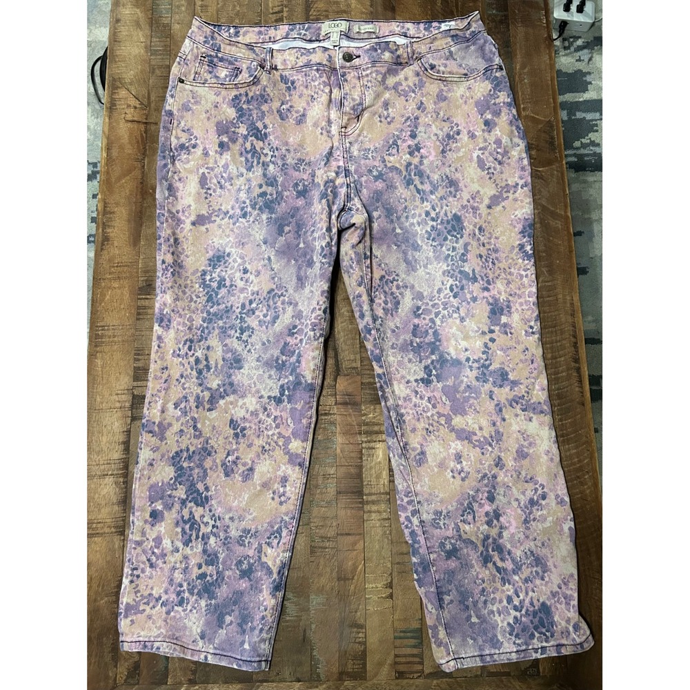 LOGO Lori Goldstein Women's 20W Printed Denim Jeans Purple Tan